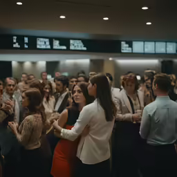 two women hugging in the middle of a crowded room