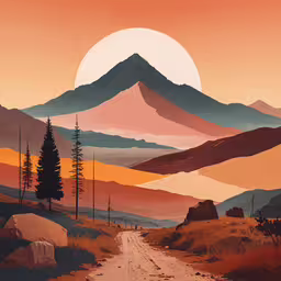 an art print of a road in a mountain,a painting of mountains, forests and a trail leading up to the sunset