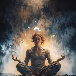 a girl sitting in a yoga position with her hands up