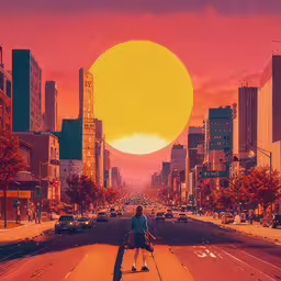 a kid is sitting alone in the middle of a large city at sunset,a man is walking along the street in front of a sunset