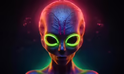 an alien with bright green eyes stands in a dark room