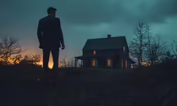 a man standing in front of a house at dusk