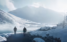 two men standing on the side of a road in a snowy mountainside