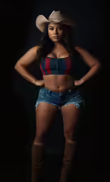 a beautiful young woman wearing cowboy boots and a striped bra top