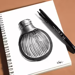 an art book, pen and marker are resting on a table