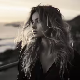 woman in the city looks out to sea,a very pretty lady with long hair by the ocean