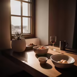 breakfast at an empty table is ready for someone to drink their coffee