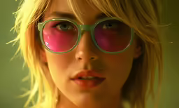 a woman with glasses has short hair and has bright yellow eyes