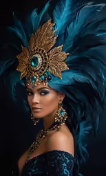 a woman wearing a blue and gold costume with feathers