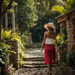 woman with hat walking through lush jungle area