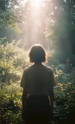 the back view of a person standing in an area with many plants