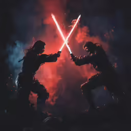 two men who are facing each other and holding light sabers