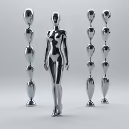 silver female figure standing in front of five shiny silver spheres