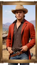 a man dressed in an old western fashion with a hat
