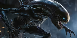an alien hunter standing in a dark environment