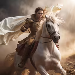 a man riding a horse with a white cloth draped around him