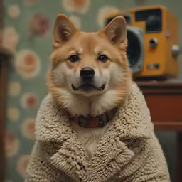 a dog with a collar, sweater and mustache