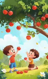 two kids play with apples under a tree in an apple orchard