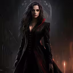 a woman in black and red holding a knife,a character that looks like a witch with long hair