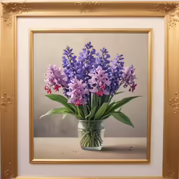 flowers in a vase are placed next to an empty gold framed photo