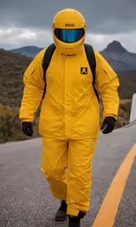 a man in a yellow suit is on the road