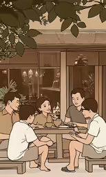 six men enjoying the night out in the cafe