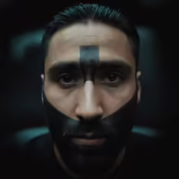 a man has a black face painted on his face