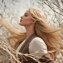a woman with long blonde hair, in a field