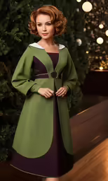 a woman is dressed in a green coat and dress
