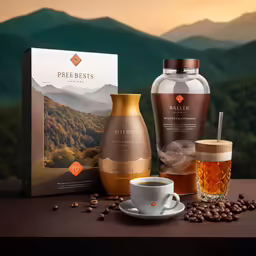 a still life with coffee, coffee maker, glassware, and bottle