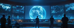 several people are standing in front of multiple large screen displays