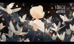 two children with birds around them, looking at the sky