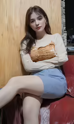 a female wearing beige sweater and a blue skirt