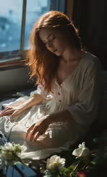 a woman is sitting near a window on the bed