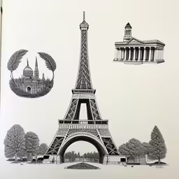 an open book with a drawing of the eiffel tower and two people,a drawing on top of a book with a tower and trees