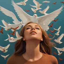 the woman has many birds flying around her