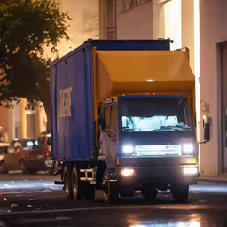 a delivery truck that has lights on is traveling down the road,a big truck driving down the road in traffic