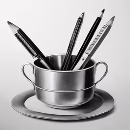 a silver cup full of pens and a pair of scissors