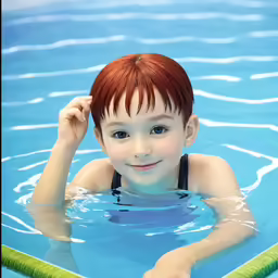 a young boy is smiling in the pool