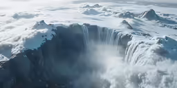 a large waterfall that has snow on it