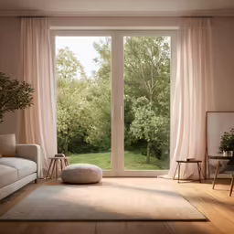 an open living room with a couch, chair and windows