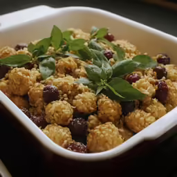 a casserole dish that has fruits and vegetables inside of it