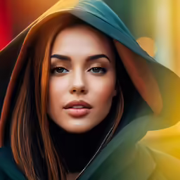 a woman is posing in her hooded jacket