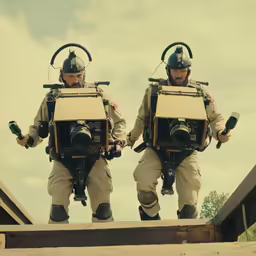two firemen walking up some steps carrying their guns