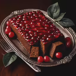 the cake is made with cherries and sits on a plate