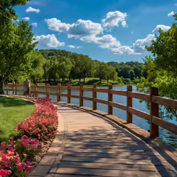 a path with a wooden fence next to a lake