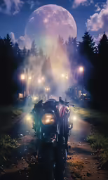 a motorcycle is shown on a dirt road in front of the full moon