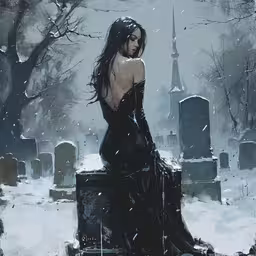 a gothic woman in black gown sitting on a grave,the gothic woman is sitting on top of a gravestone