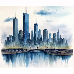 a city skyline on a foggy day, including a bridge and clouds