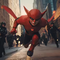 a person wearing red and black is running in front of a group of men in suit